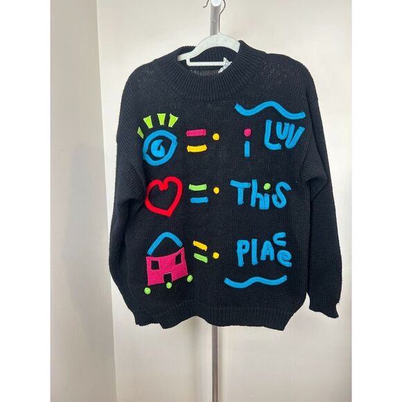 Gitano Sweaters - Vintage 80's Gitano 3D Knit Black Sleeve Sweater Luv Place Colorful Pullover L